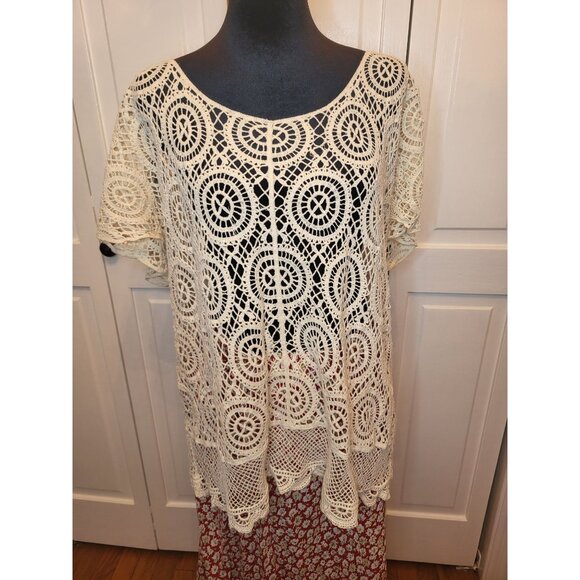 Ivory Crochet Short Sleeve Sweater L Boho Fairy Cottage Western Coastal Retro - Picture 1 of 6